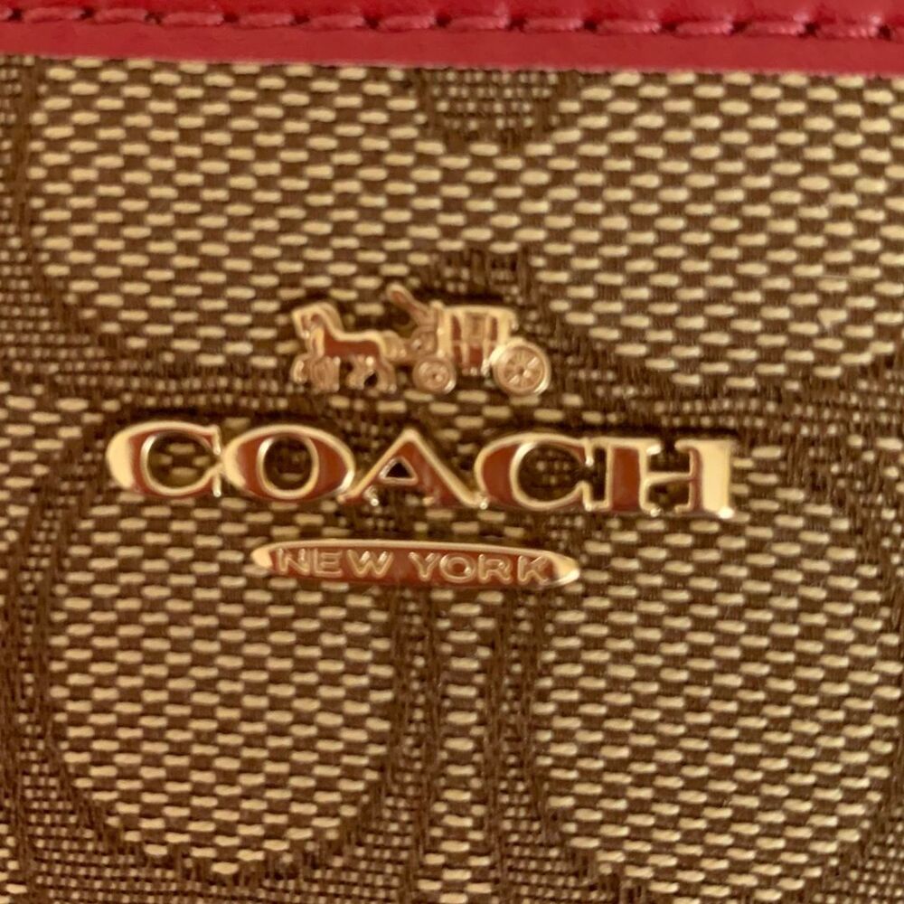 Coach Kahki Canvas Monogram with Red Strap Wristlet - Picture 2 of 6